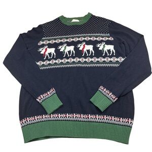 Aspen Men's Green/Navy/Grey Moose Christmas Cotton Sweater Size L